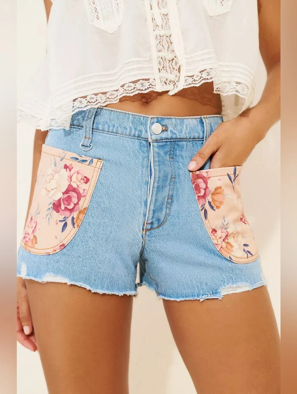 Pilcro Patchwork Pocket Denim Shorts | Floral Pocket High Rise | Anthropologie